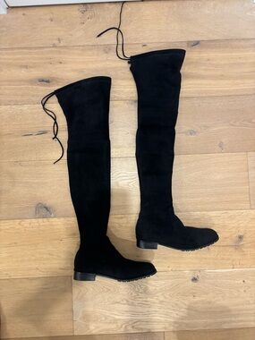 Women's Black Over-the-Knee Suede Boots with Back Tie - Kaitlyn Pan